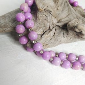 Lavender and gold tone beaded opera length vintage necklace